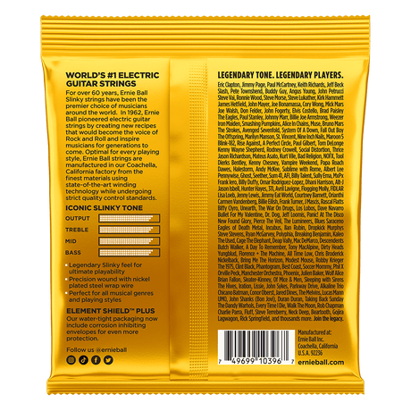 Yellow packaging of Ernie Ball electric guitar strings with text and branding.