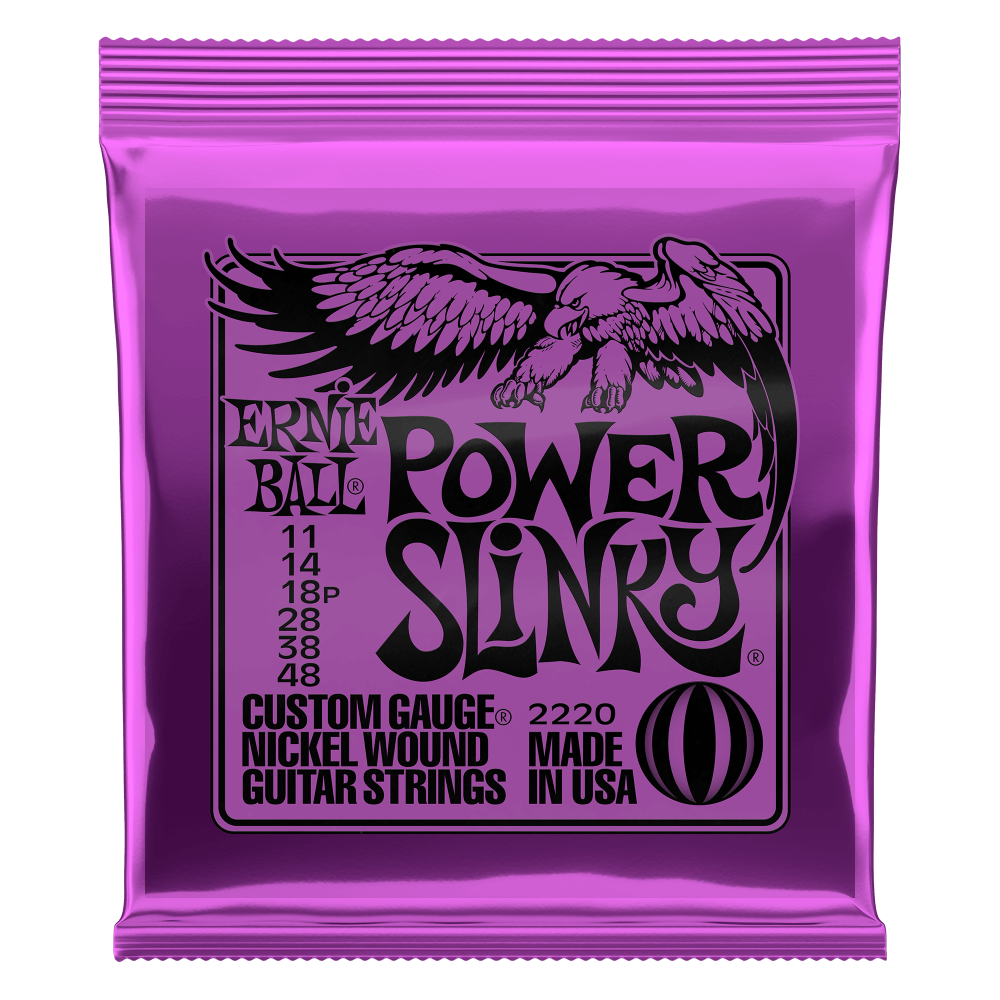 Purple Ernie Ball Power Slinky guitar string set packaging on a white background