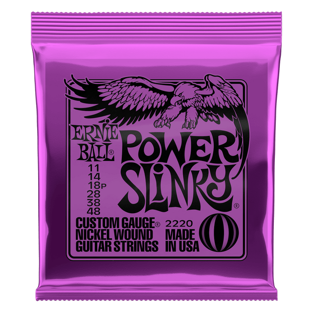Purple Ernie Ball Power Slinky guitar string set packaging on a white background