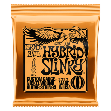 Ernie Ball Hybrid Slinky guitar string pack packaging on a white background
