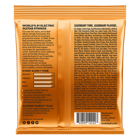 Ernie Ball electric guitar strings packaging with text and branding.