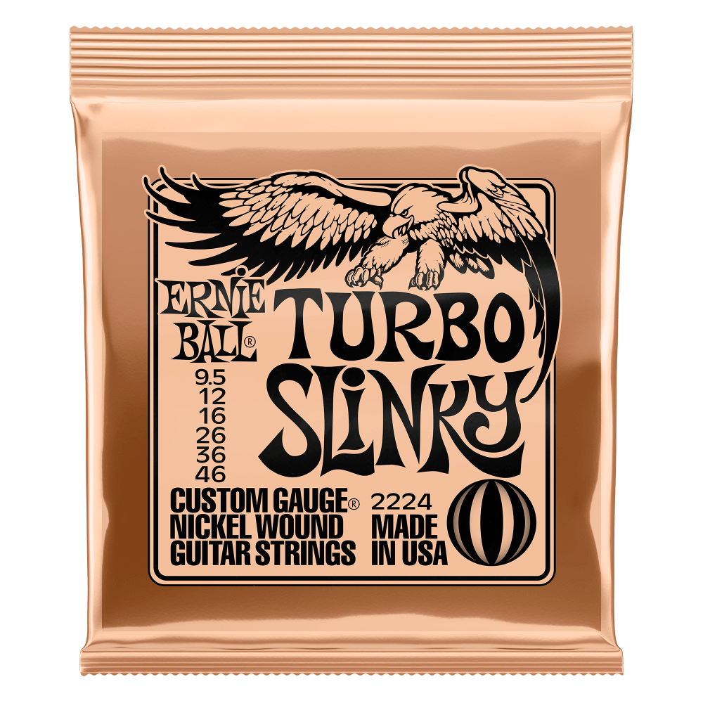 Ernie Ball Turbo Slinky guitar string package on a white background