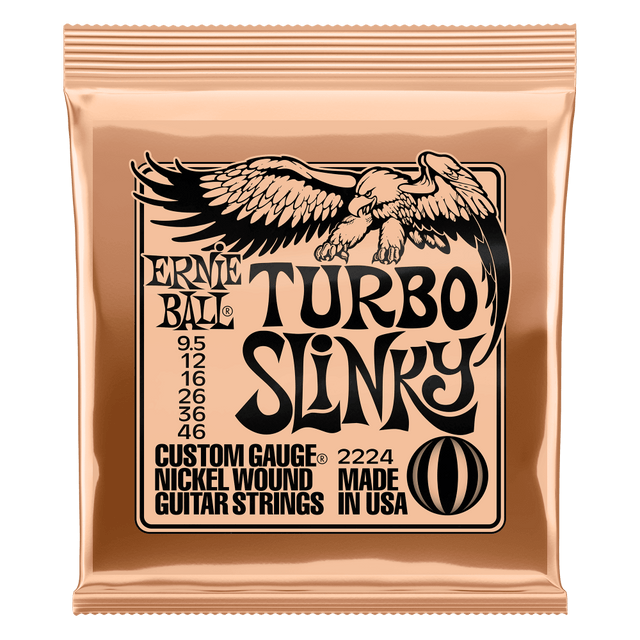 Ernie Ball Turbo Slinky guitar string package on a white background