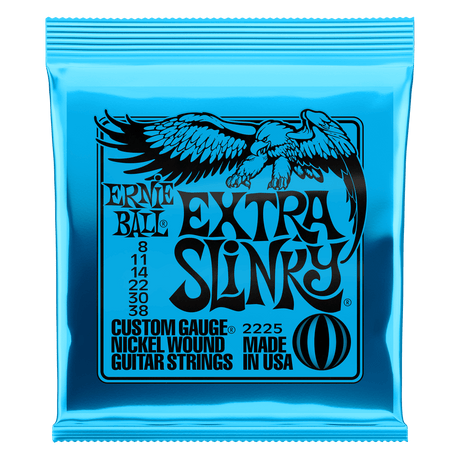 Ernie Ball Extra Slinky guitar strings packaging with an eagle logo on a white background