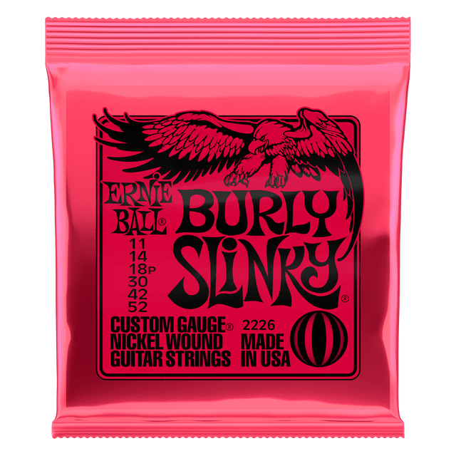 Pink packaging of Ernie Ball Burly Slinky guitar strings with an eagle design.