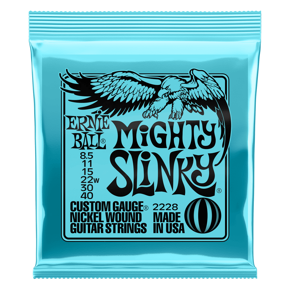 Ernie Ball Mighty Slinky guitar strings packaging with an eagle illustration on a white background