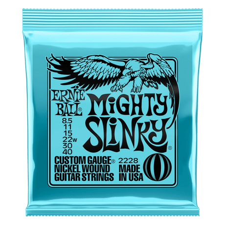Ernie Ball Mighty Slinky guitar strings packaging with an eagle illustration on a white background