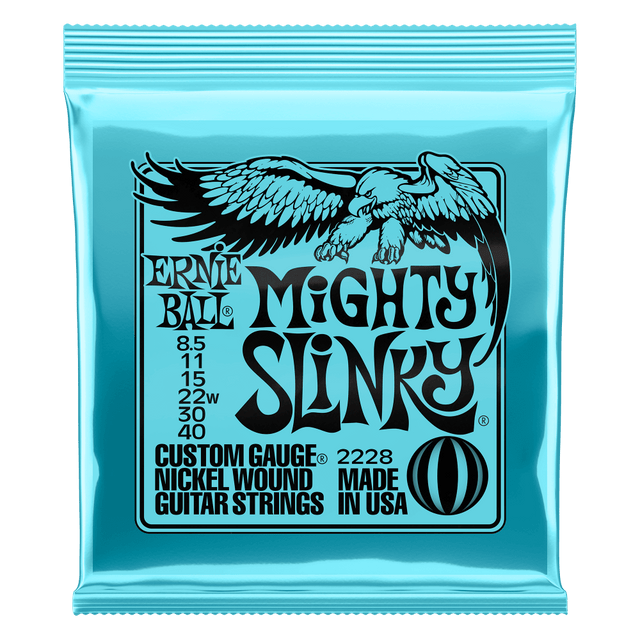 Ernie Ball Mighty Slinky guitar strings packaging with an eagle illustration on a white background