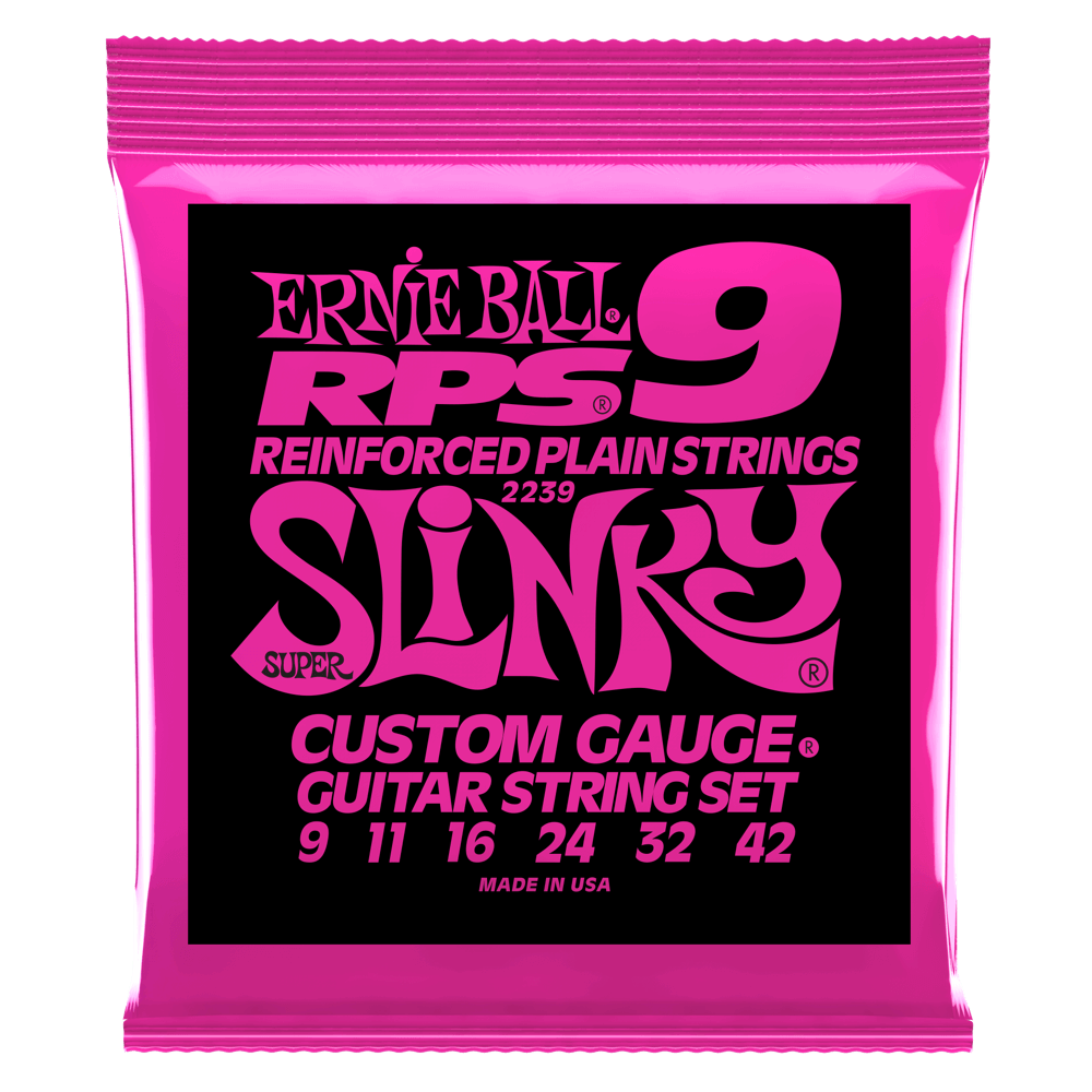 Pink packaging of Ernie Ball guitar strings with white background