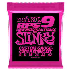 Pink packaging of Ernie Ball guitar strings with white background
