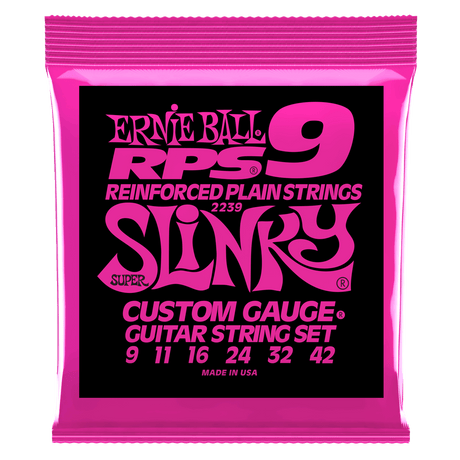 Pink packaging of Ernie Ball guitar strings with white background