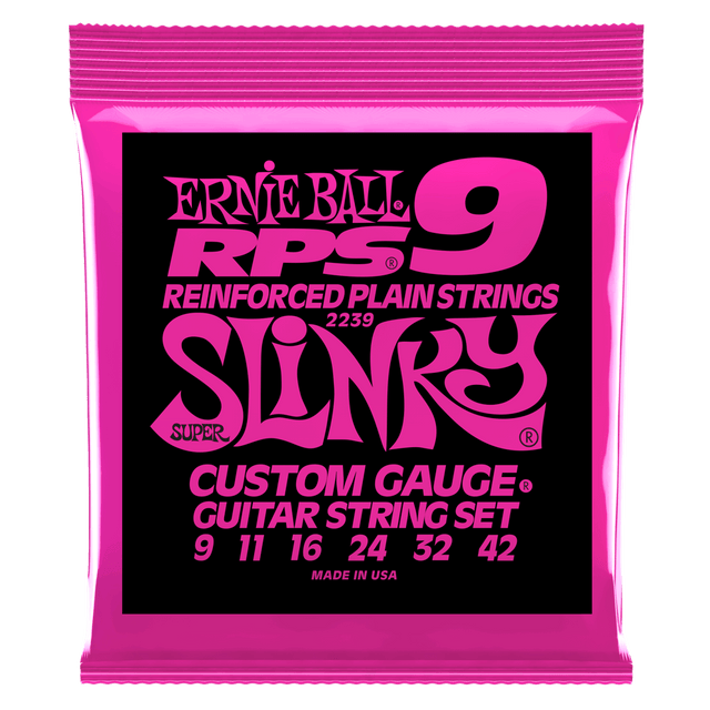 Pink packaging of Ernie Ball guitar strings with white background