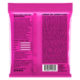 Pink guitar string packaging with text and product details on a white background