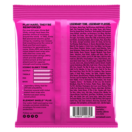 Pink guitar string packaging with text and product details on a white background