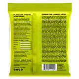 Neon green guitar string packaging with text and product details on a white background