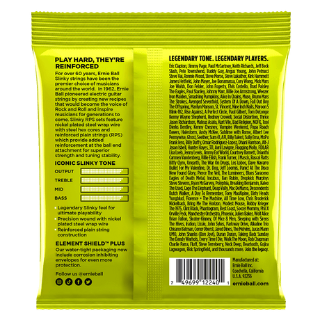 Neon green guitar string packaging with text and product details on a white background