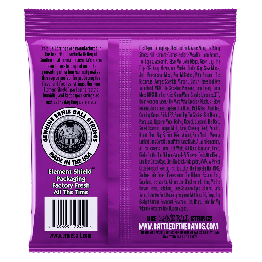 Purple package of Ernie Ball guitar strings with text and branding.