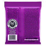 Purple package of Ernie Ball guitar strings with text and branding.