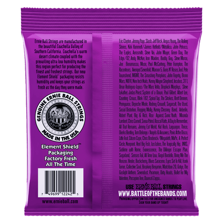 Purple package of Ernie Ball guitar strings with text and branding.