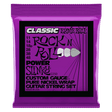 Purple packaging of Ernie Ball guitar strings with black text on a white background