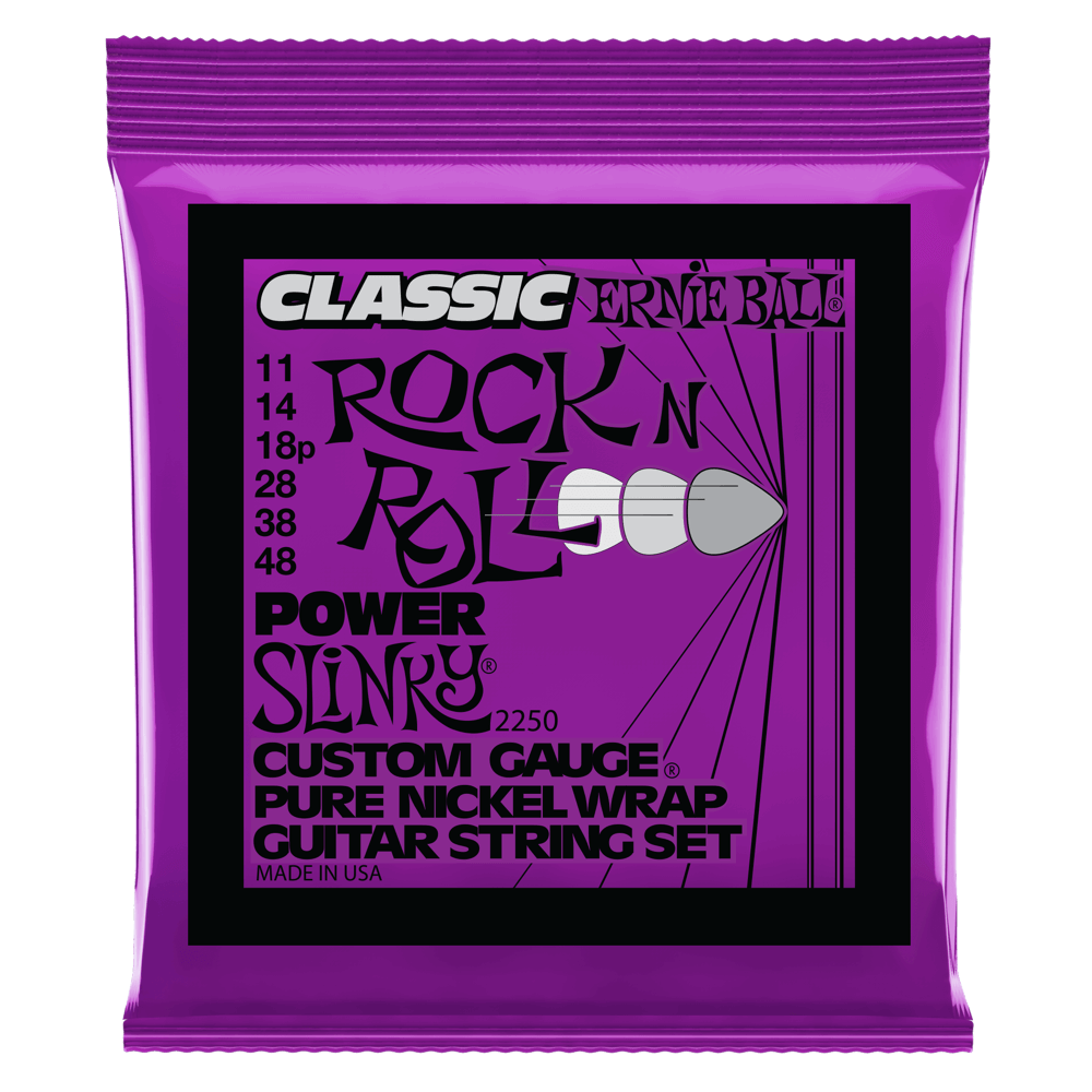 Purple packaging of Ernie Ball guitar strings with black text on a white background