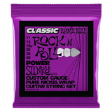 Purple packaging of Ernie Ball guitar strings with black text on a white background