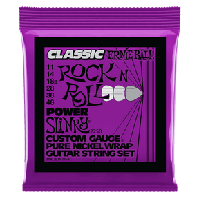 Purple packaging of Ernie Ball guitar strings with black text on a white background
