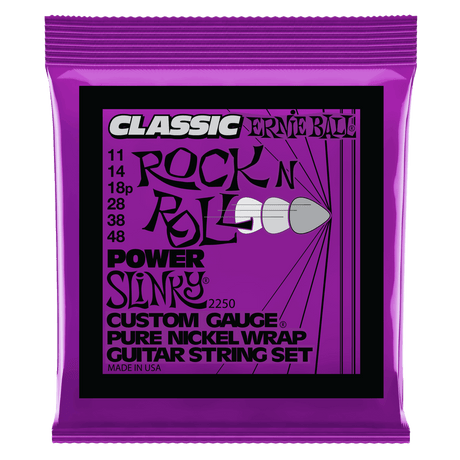 Purple packaging of Ernie Ball guitar strings with black text on a white background