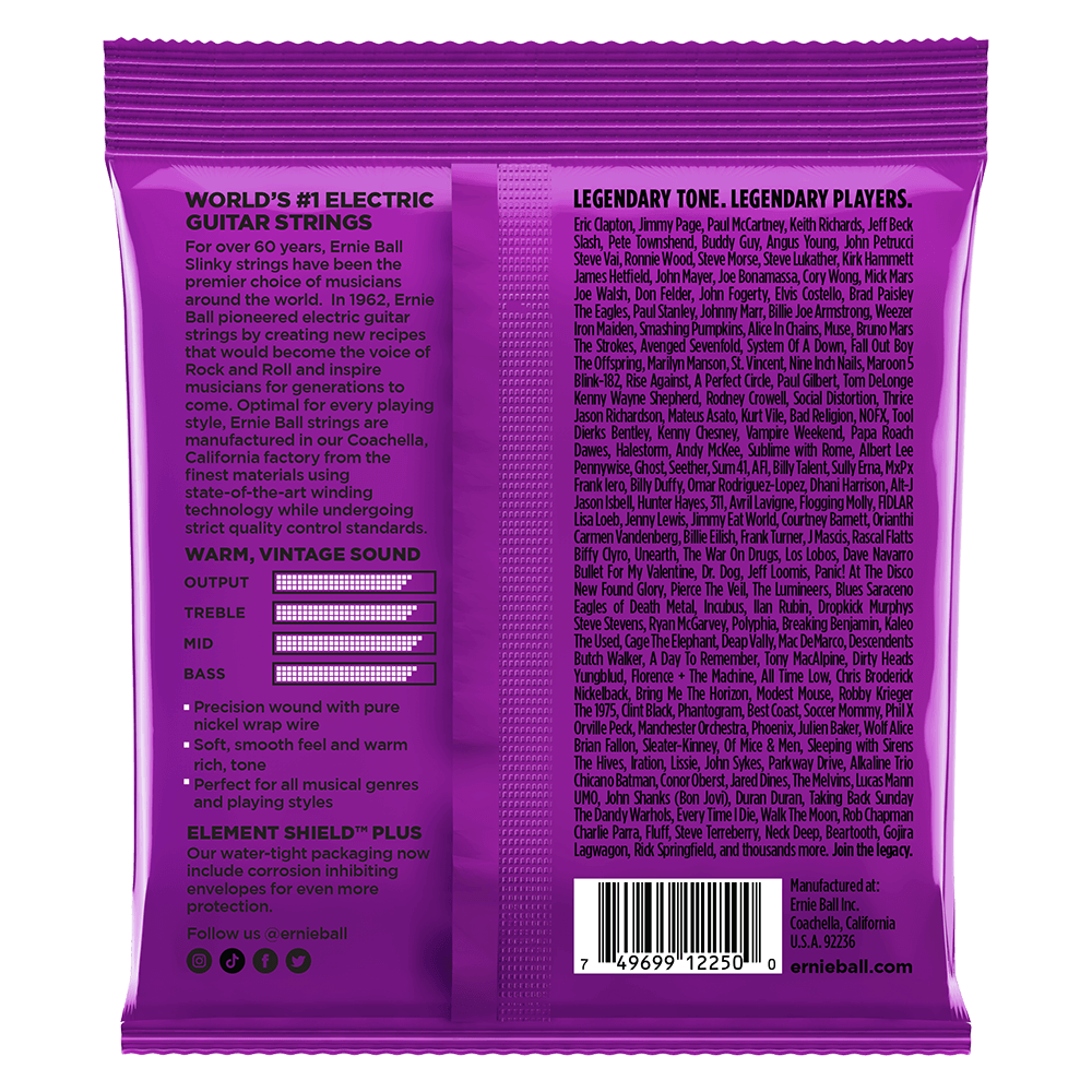 Purple guitar string packaging with text on a white background