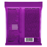 Purple guitar string packaging with text on a white background