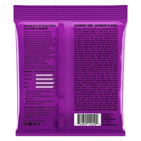 Purple guitar string packaging with text on a white background