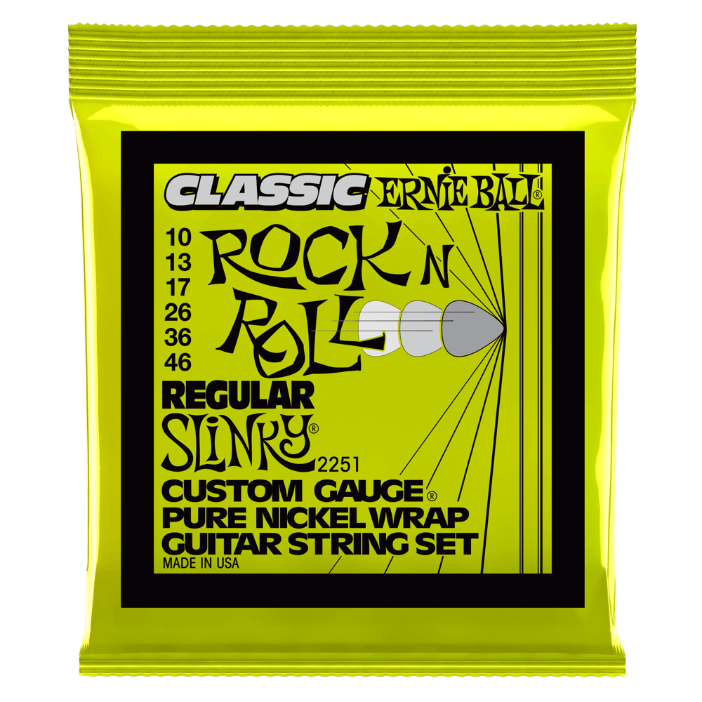 Ernie Ball guitar string set packaging with yellow border on white background