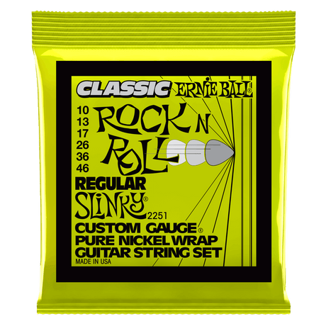 Ernie Ball guitar string set packaging with yellow border on white background