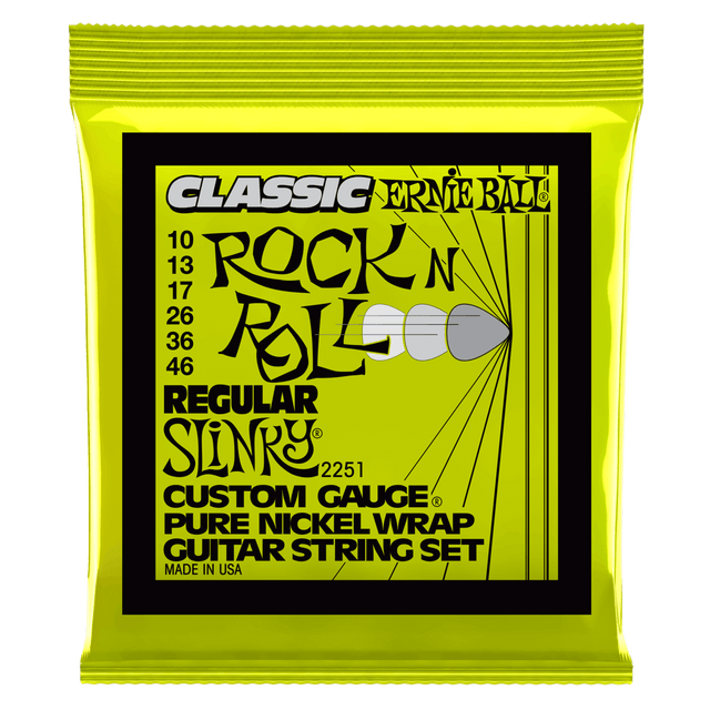 Ernie Ball guitar string set packaging with yellow border on white background