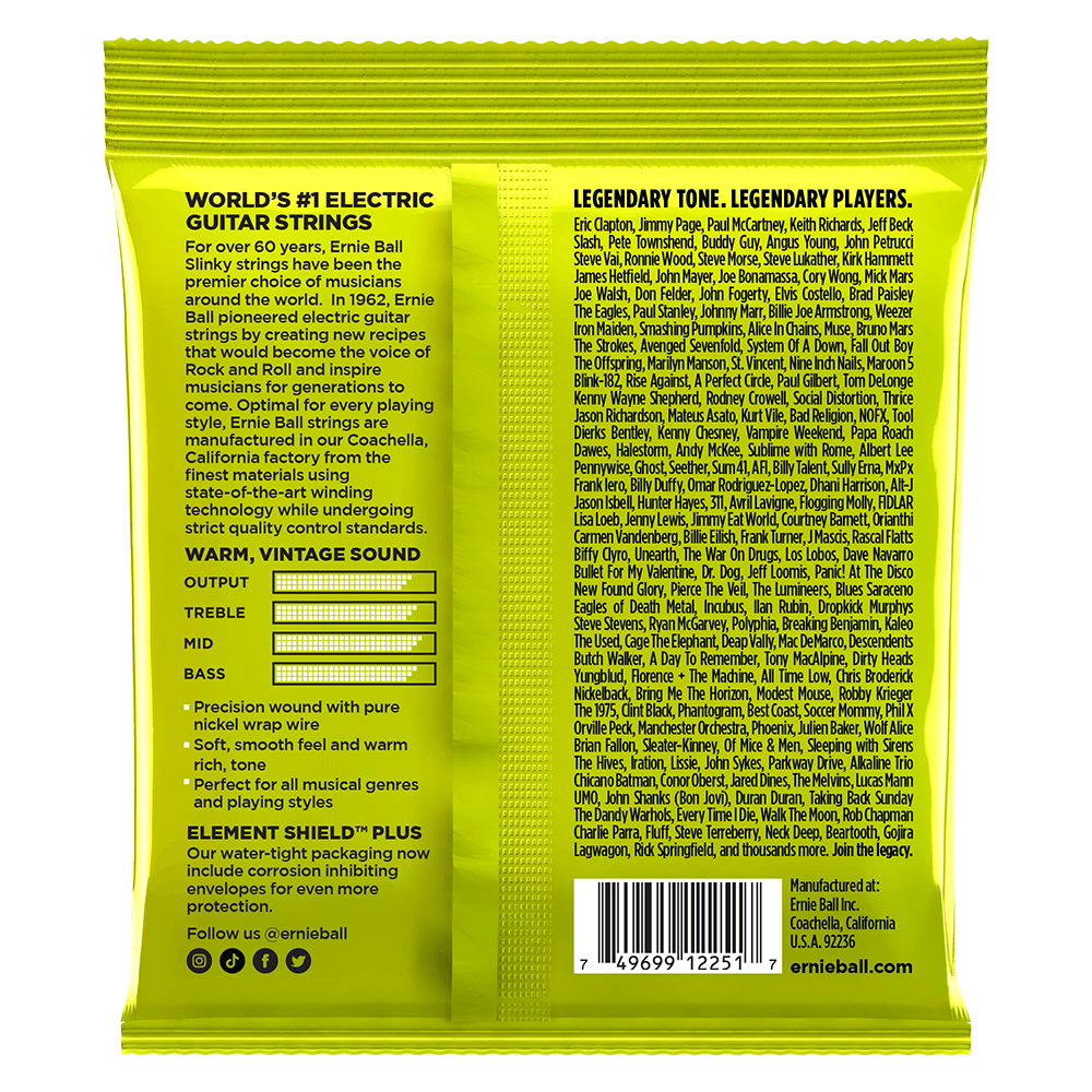Neon green packaging of Ernie Ball electric guitar strings with text and branding.