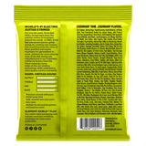 Neon green packaging of Ernie Ball electric guitar strings with text and branding.