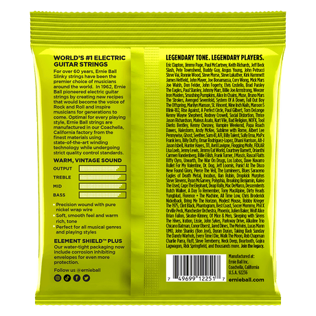 Neon green packaging of Ernie Ball electric guitar strings with text and branding.