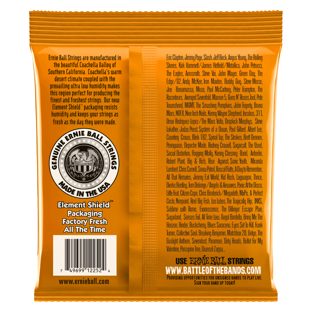 Ernie Ball guitar string packaging with text and branding on a black background