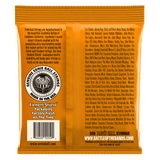 Ernie Ball guitar string packaging with text and branding on a black background
