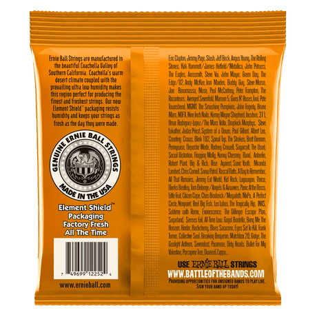 Ernie Ball guitar string packaging with text and branding on a black background