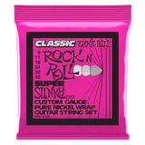 Pink packaging of Ernie Ball guitar strings with black text on a white background