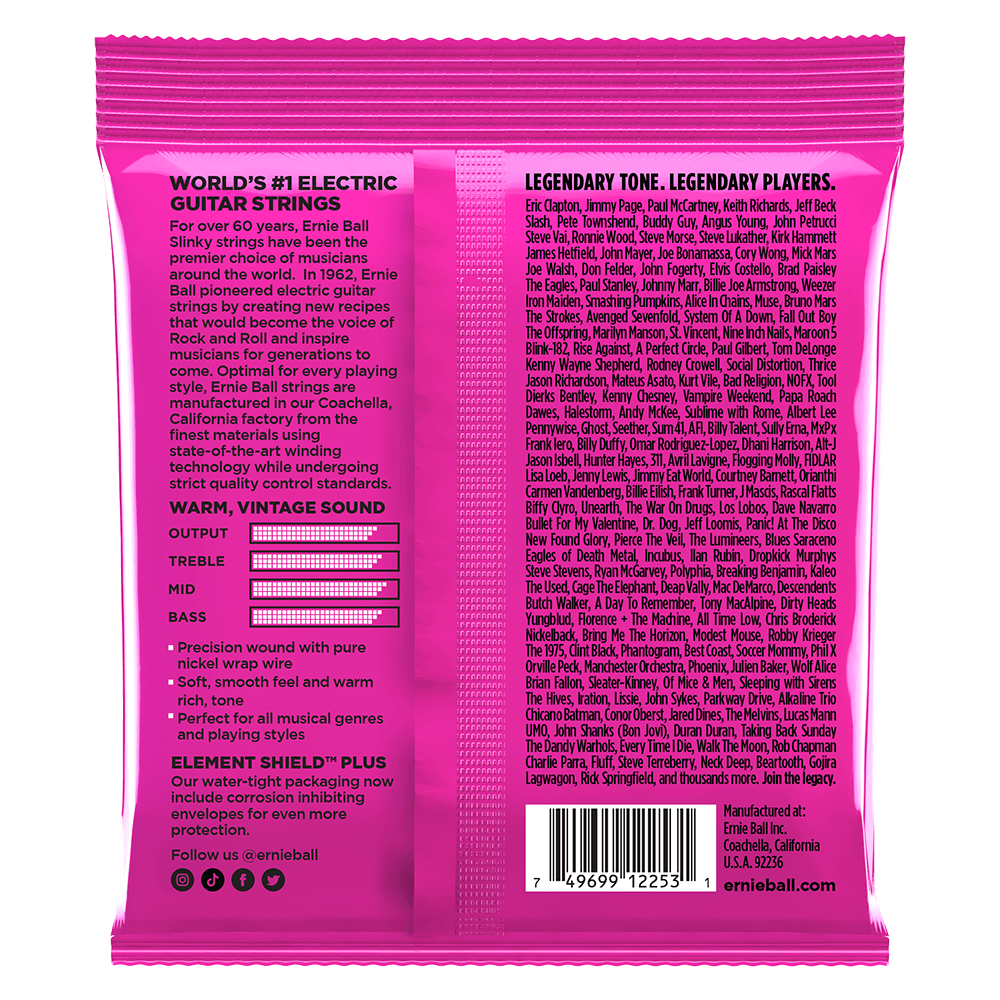 Pink guitar string packaging with text on a black background