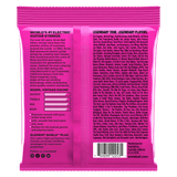 Pink guitar string packaging with text on a black background
