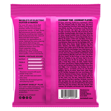 Pink guitar string packaging with text on a black background