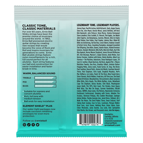 Ernie Ball guitar string packaging with product details and branding.