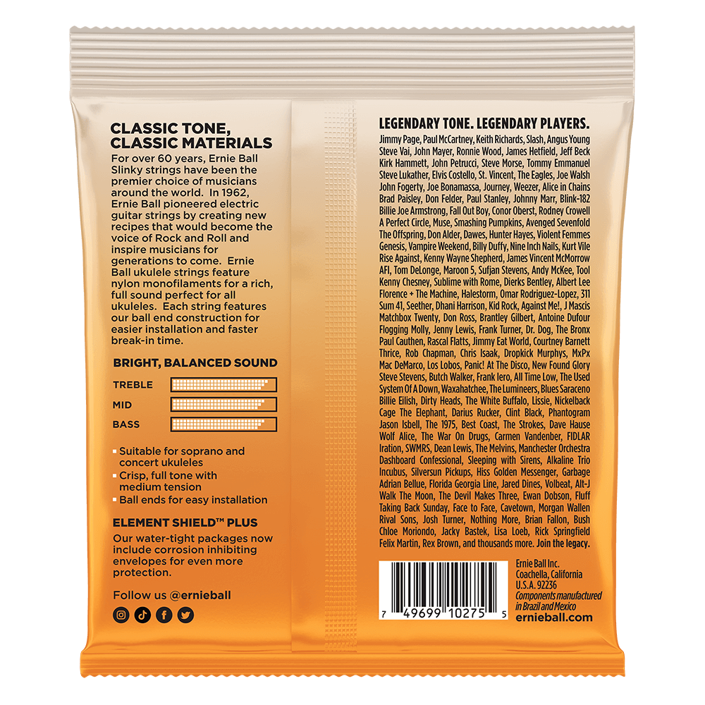 Back of a package with text about Ernie Ball strings, including features and branding.