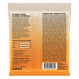 Back of a package with text about Ernie Ball strings, including features and branding.