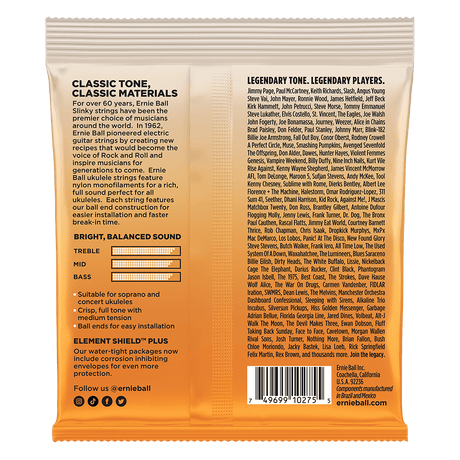 Back of a package with text about Ernie Ball strings, including features and branding.