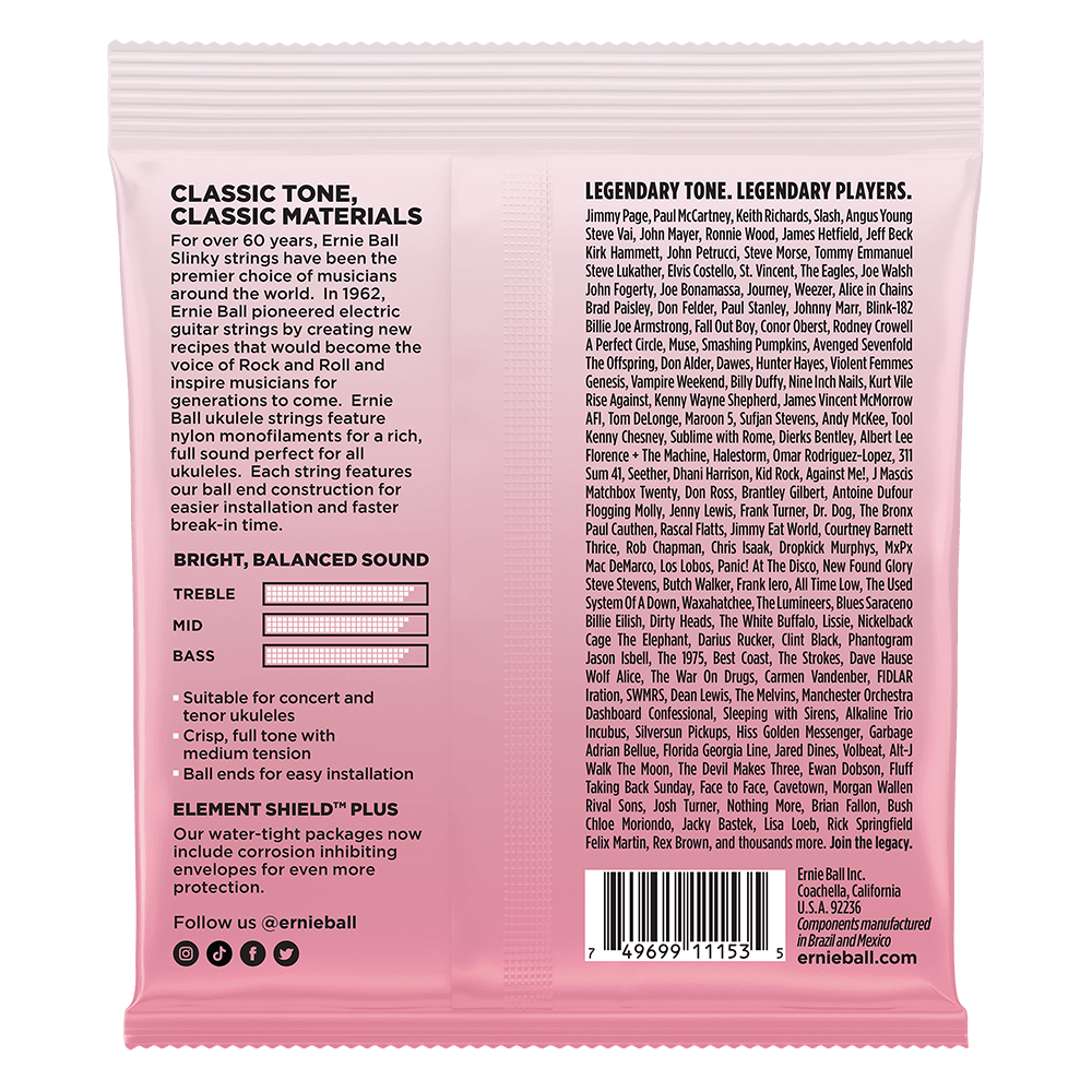 Back of a pink ukulele string packaging with text and a barcode.
