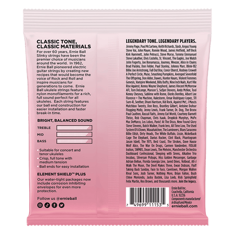 Back of a pink ukulele string packaging with text and a barcode.